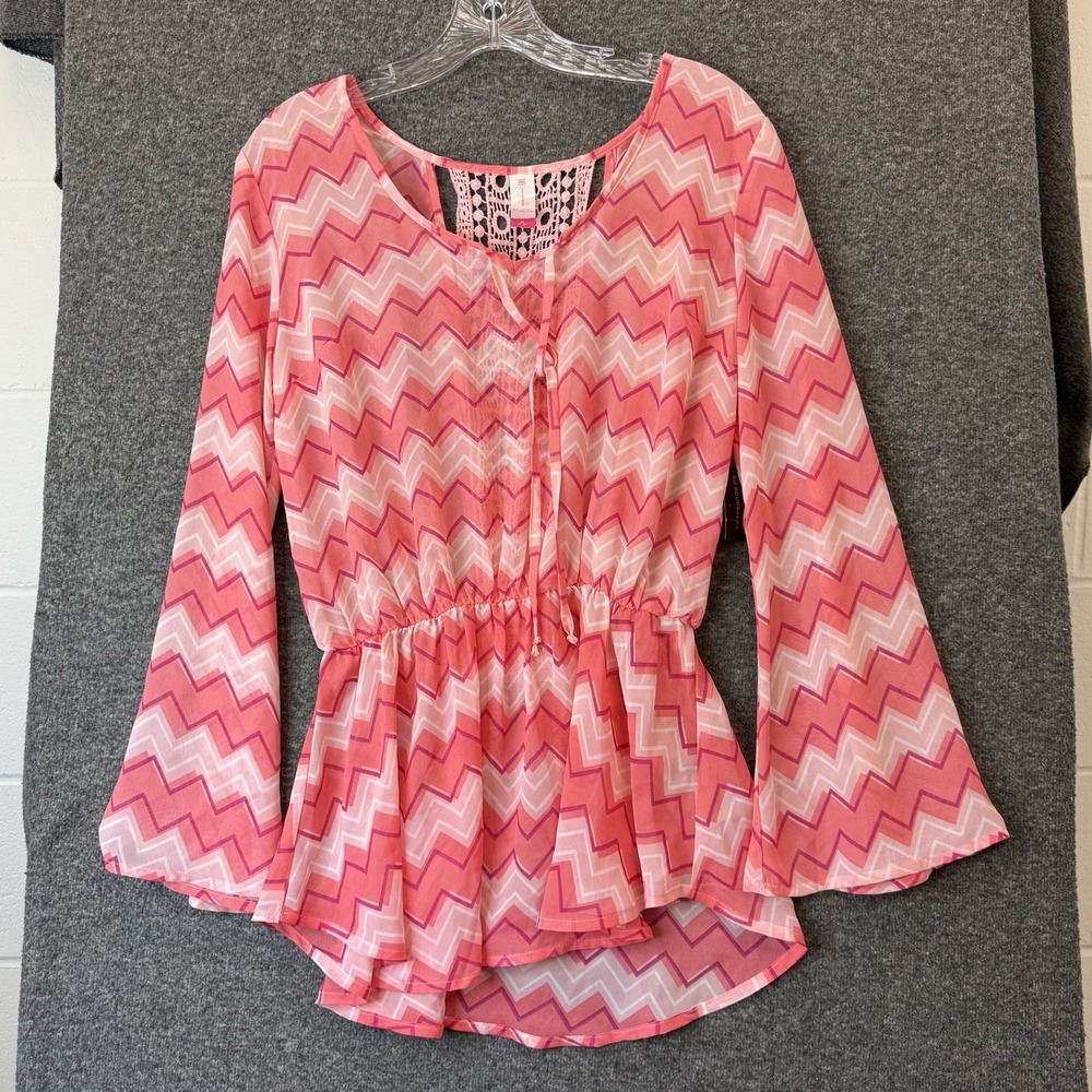 Hot Pink Chevron Stripe Peplum Top Bell Sleeve Sz Med Barbie Fairy Coquette NWT